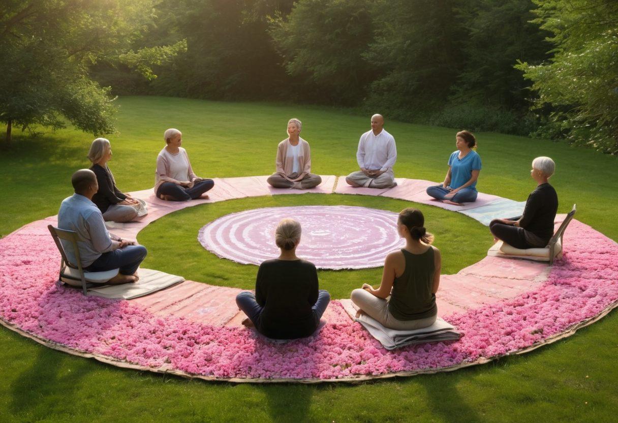 A serene scene depicting a diverse group of people engaging in a mindfulness session outdoors, surrounded by nature. Incorporate elements of community support, like a circle of chairs with flowers and meditation mats. Show soft, warm lighting that evokes a sense of peace, along with hints of cancer awareness symbols subtly integrated into the environment. Capture emotions of hope, connection, and resilience. super-realistic. vibrant colors. tranquil background.