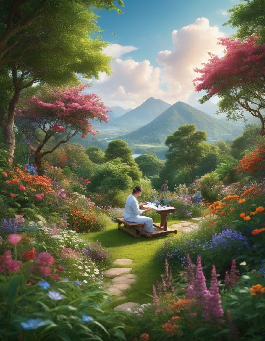 A serene landscape featuring a diverse group of people engaging in various innovative therapies, such as acupuncture, meditation, and gene therapy, surrounded by lush greenery and blooming flowers. Incorporate elements of scientific research like microscopes and DNA strands in the background. The image should convey a sense of harmony between traditional and modern approaches to health. vibrant colors. super-realistic.